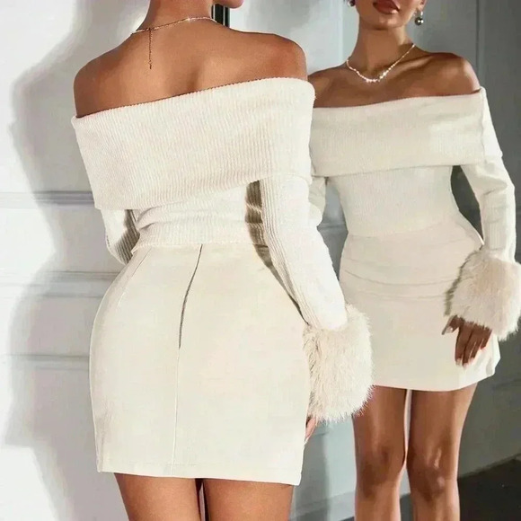 Apricot Casual Women's Furry Cuff Off Shoulder Fitted Blouse - Picture 3 of 6